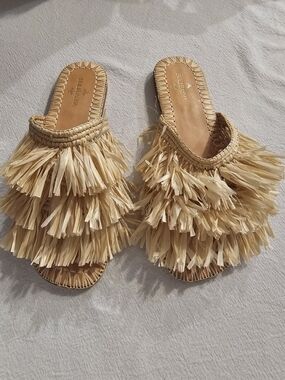 Bulibasha Massa Natural Raffia Fringe Slide Slippers Sandals Size 7 Bali Woven
